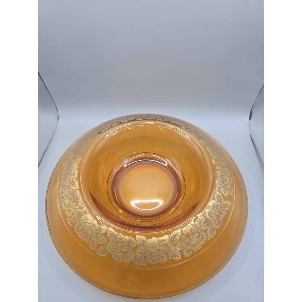 Amber Glass Rolled Edge‎ 12" Console Bowl Etched Roses Encrusted Gold Trim